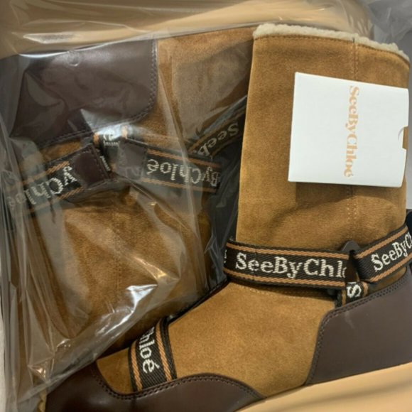 SEE BY CHLOE Branded Strap Faux Fur Lined Ankle Boot...